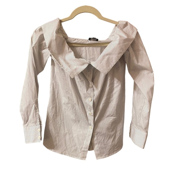 BARDOT WOMENS PINSTRIPE OFF SHOULDER PEASANT BLOUSE - Picture 1 of 4